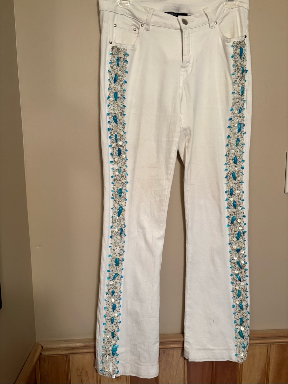 Boston Proper White Boot Cut Jeans with Turquoise & Silver Embellishment